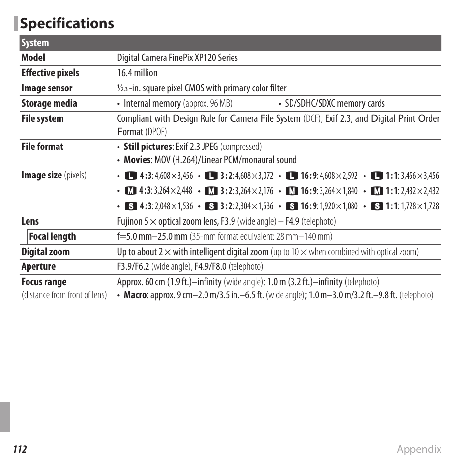 Specifications | FujiFilm FinePix XP120 User Manual | Page 130 / 138