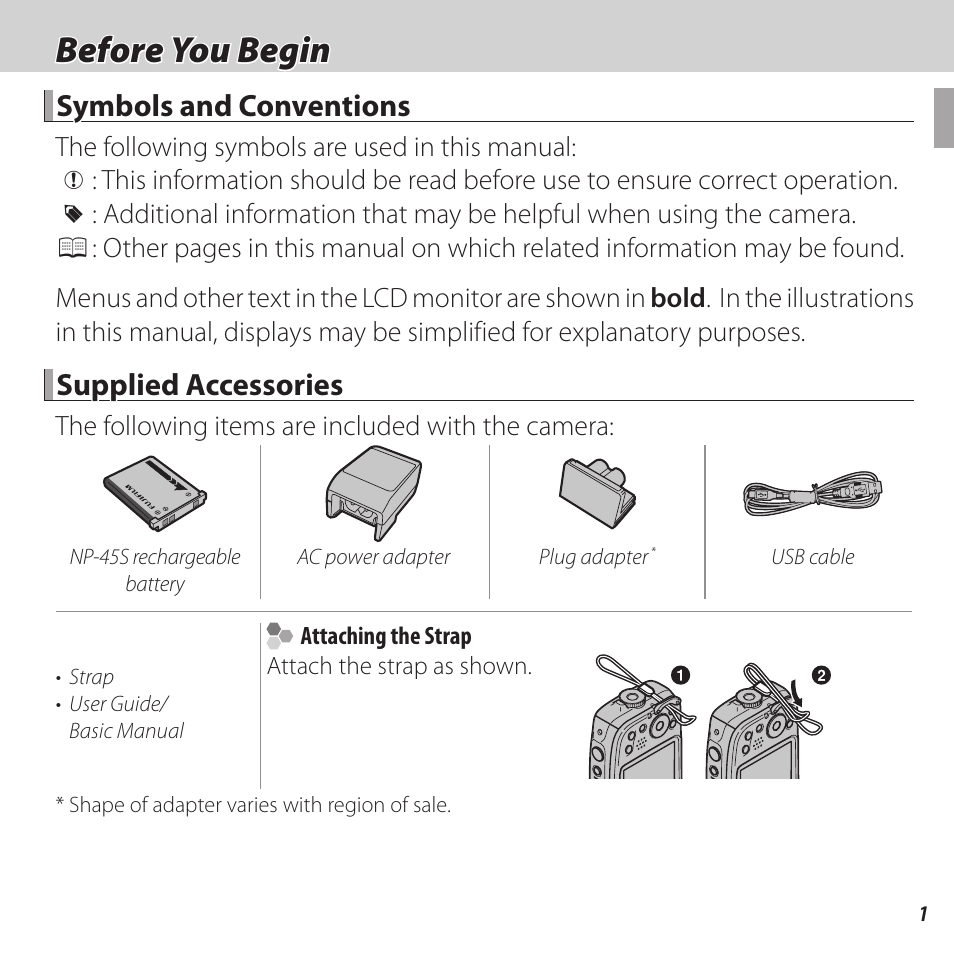 Before you begin, Symbols and conventions, Supplied accessories | The following items are included with the camera | FujiFilm FinePix XP120 User Manual | Page 19 / 138