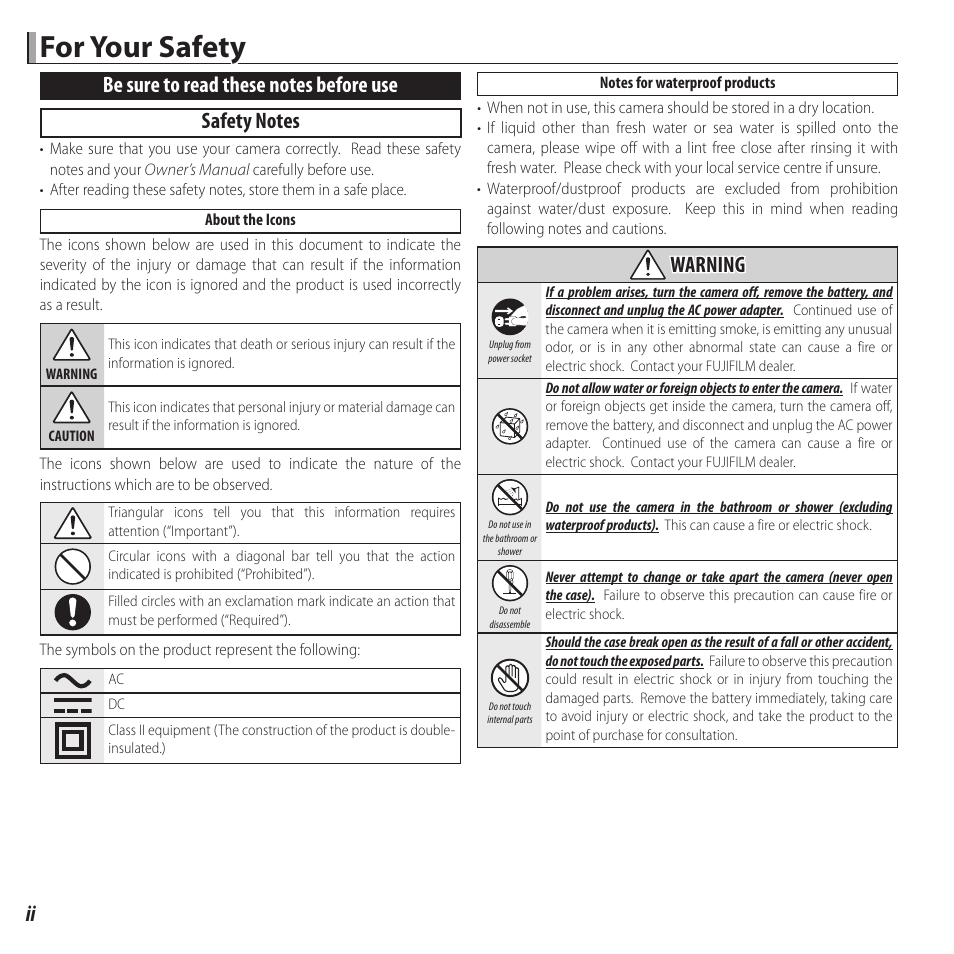 For your safety, Warning | FujiFilm FinePix XP120 User Manual | Page 2 / 138