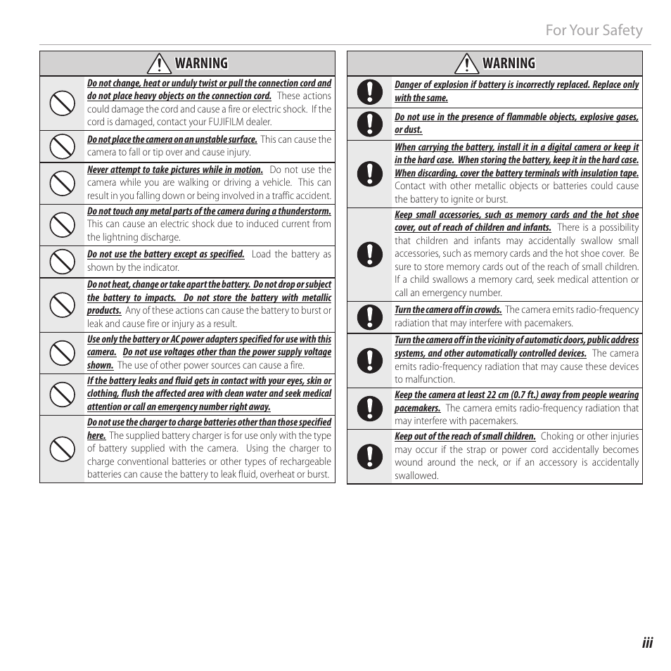 Iii for your safety warning, Warning | FujiFilm FinePix XP120 User Manual | Page 3 / 138