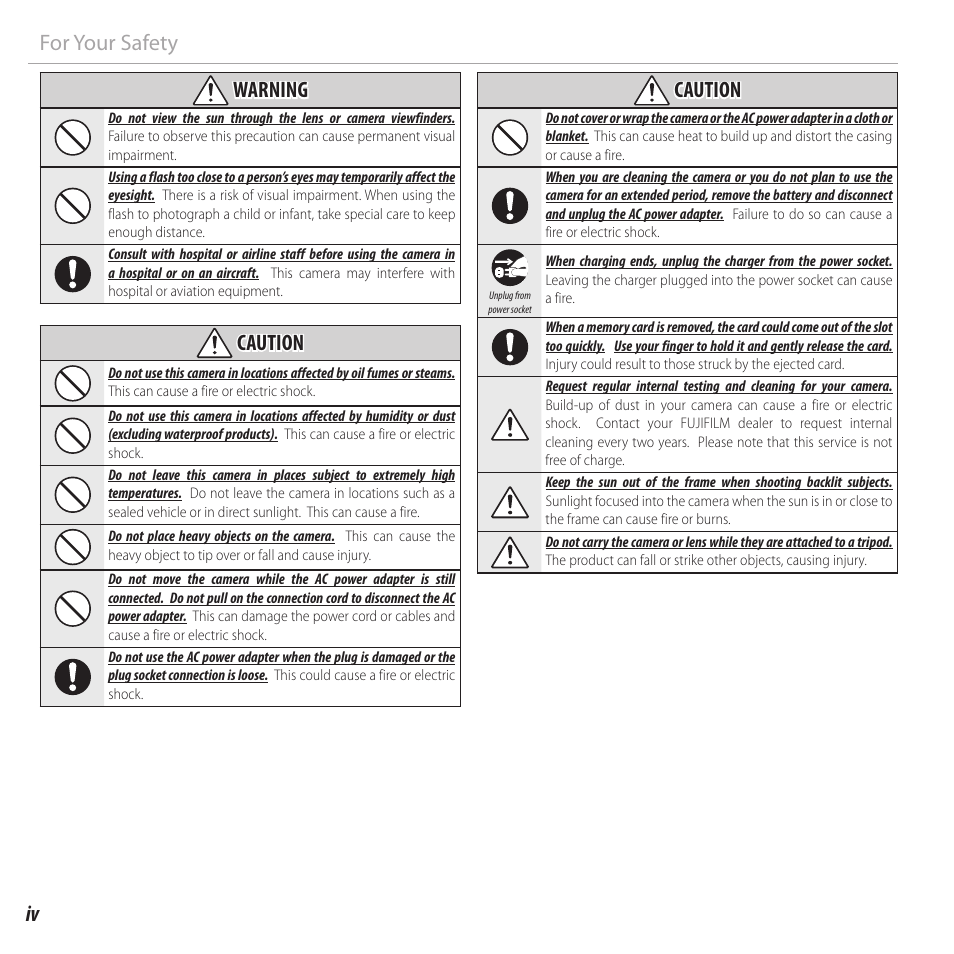 Iv for your safety warning, Caution | FujiFilm FinePix XP120 User Manual | Page 4 / 138