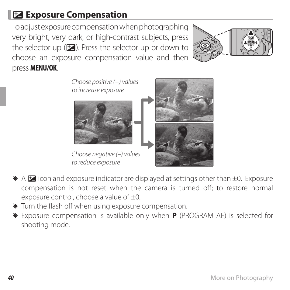 Dexposure compensation | FujiFilm FinePix XP120 User Manual | Page 58 / 138