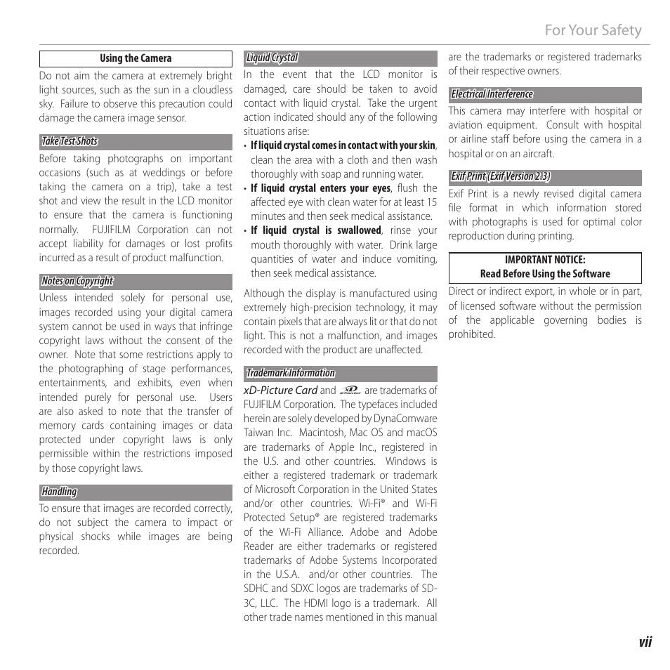 Vii for your safety | FujiFilm FinePix XP120 User Manual | Page 7 / 138