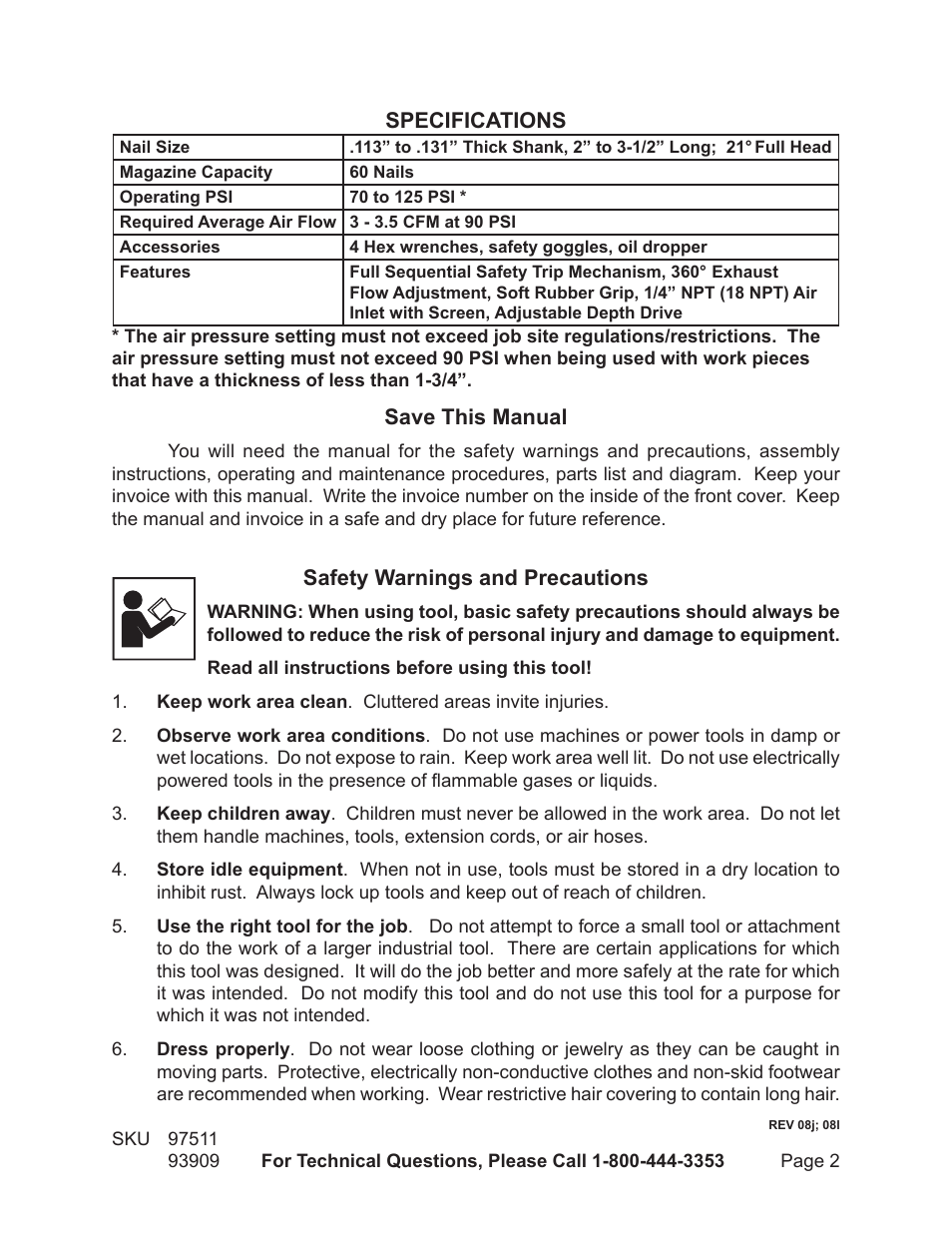 Specifications, Save this manual, Safety warnings and precautions | Harbor Freight Tools Model 97511 User Manual | Page 2 / 12