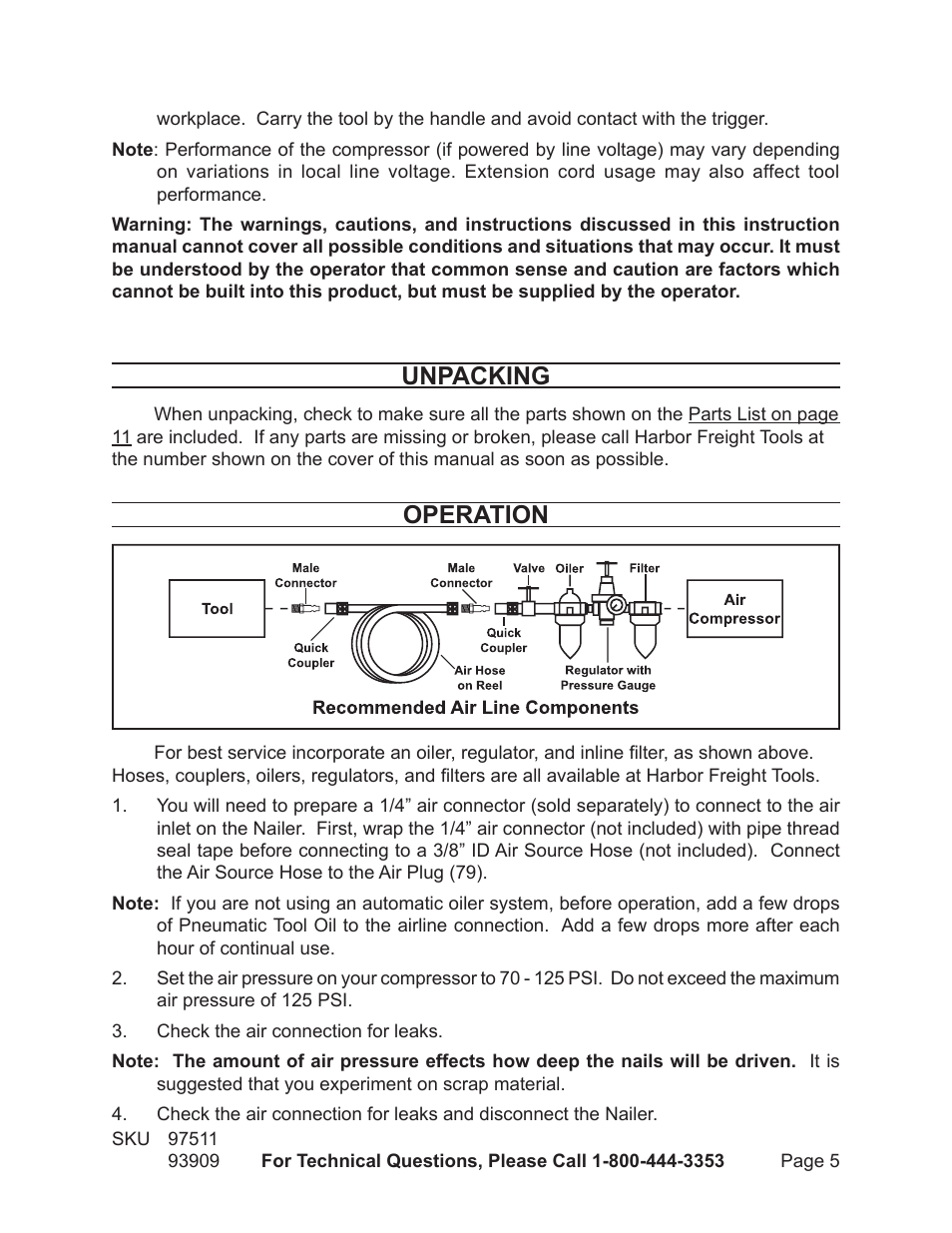 Unpacking, Operation | Harbor Freight Tools Model 97511 User Manual | Page 5 / 12