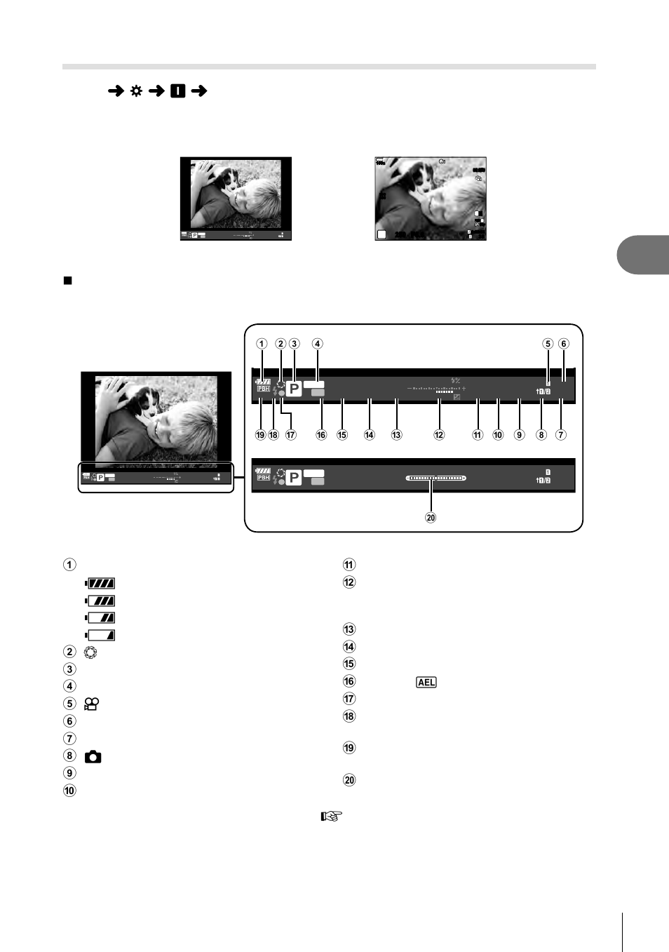 Menu functions (custom menus), Selecting the display style of the viewfi nder, 133 en | Style 1/ style 2 style 3 | Olympus OM-D E-M1 Mark II User Manual | Page 133 / 196