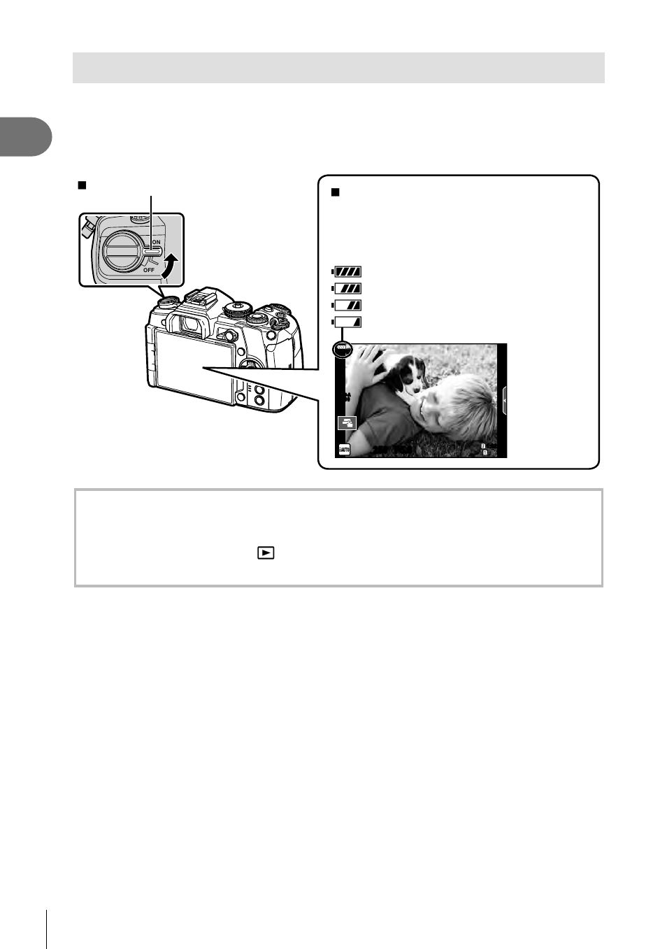 Turning the camera on, Preparation, 18 en | Set the on/off lever to the on position | Olympus OM-D E-M1 Mark II User Manual | Page 18 / 196