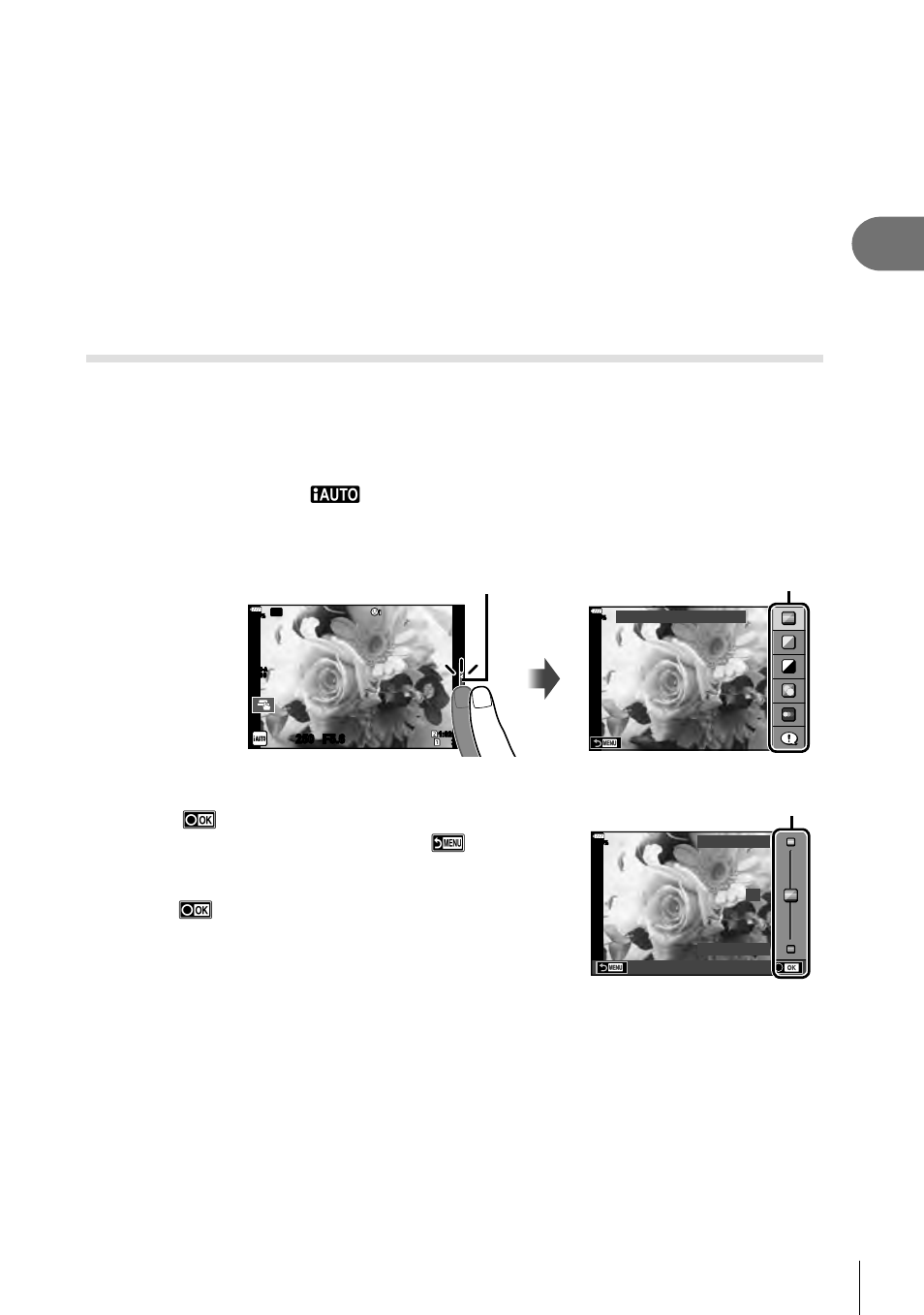 Shooting, 31 en, Press the shutter button to end shooting | Set the mode dial to a, Tap the tab to display the live guides, Use your fi nger to position the sliders | Olympus OM-D E-M1 Mark II User Manual | Page 31 / 196