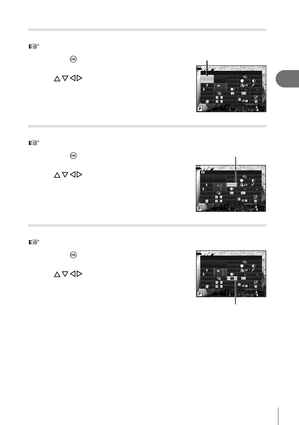 Shooting, Changing iso sensitivity (iso), Choosing a focus mode ( af mode) | 51 en, Use fghi to select [iso, Use the front dial to select an option, Use fghi to select [af mode, Use fghi to select [metering, Af mode, Metering | Olympus OM-D E-M1 Mark II User Manual | Page 51 / 196