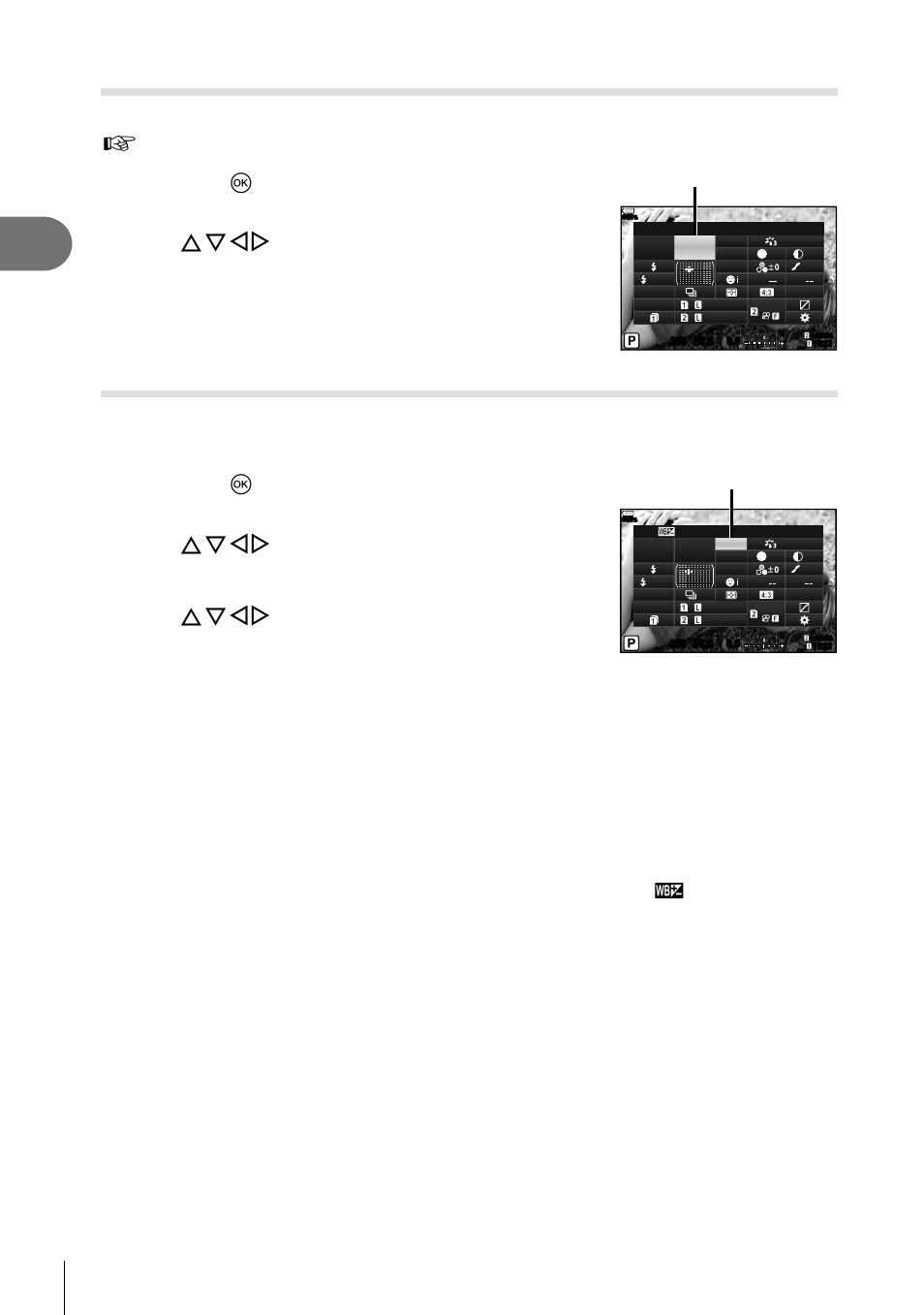 Shooting, Adjusting color ( wb (white balance)), 52 en | Use fghi to select [wb, Use the front dial to select an option, Use fghi to select the white balance compensation | Olympus OM-D E-M1 Mark II User Manual | Page 52 / 196