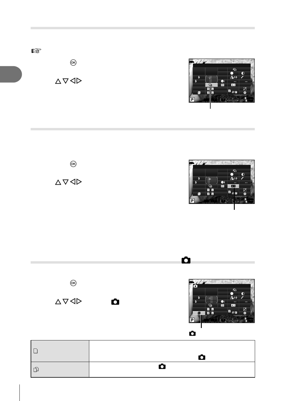 Shooting, Performing the sequential/ self-timer shooting, Setting the image aspect | 54 en, Use the front dial to select an option, Use fghi to select [image aspect, Use fghi to select [k save settings, Select an item using the front dial | Olympus OM-D E-M1 Mark II User Manual | Page 54 / 196