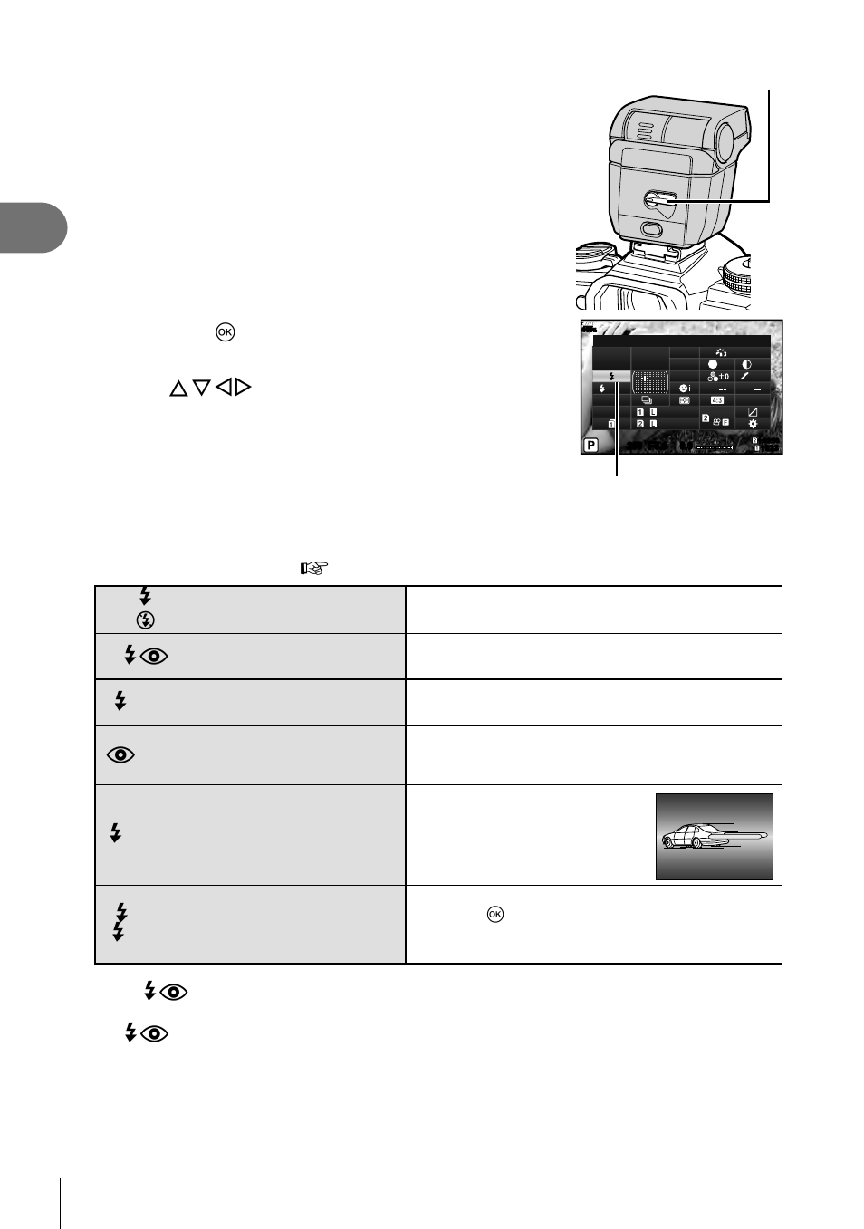 Shooting, 58 en, Use fghi to select [flash mode | Use the front dial to select an option | Olympus OM-D E-M1 Mark II User Manual | Page 58 / 196