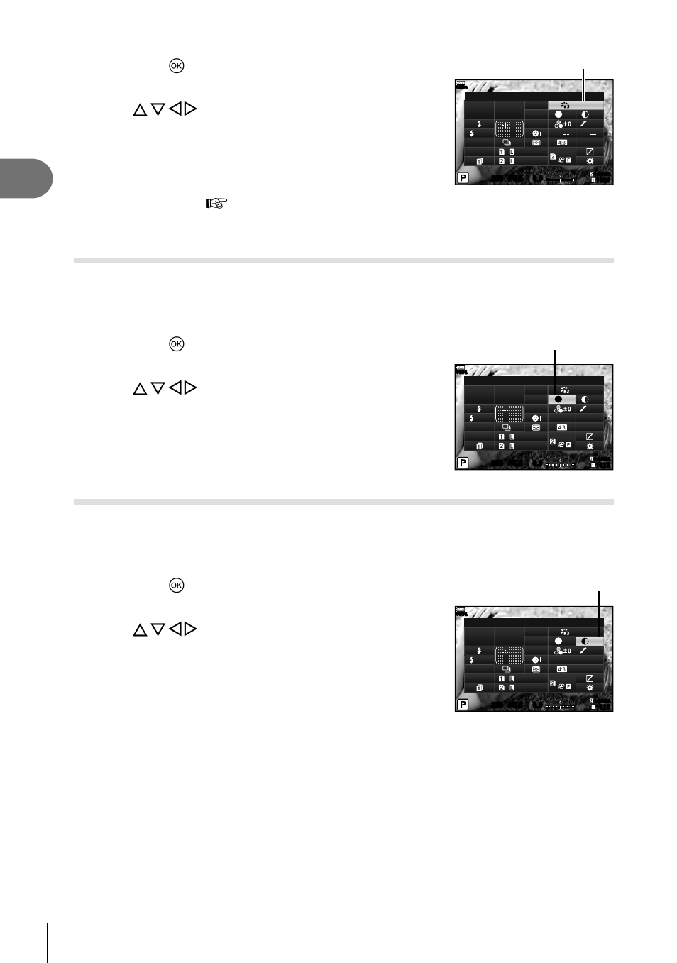 Shooting, Making fi ne adjustments to sharpness ( sharpness), Making fi ne adjustments to contrast ( contrast) | 62 en, Use fghi to select [picture mode, Use the front dial to select an option, Use fghito select [sharpness, Use fghito select [contrast, Picture mode, Sharpness | Olympus OM-D E-M1 Mark II User Manual | Page 62 / 196