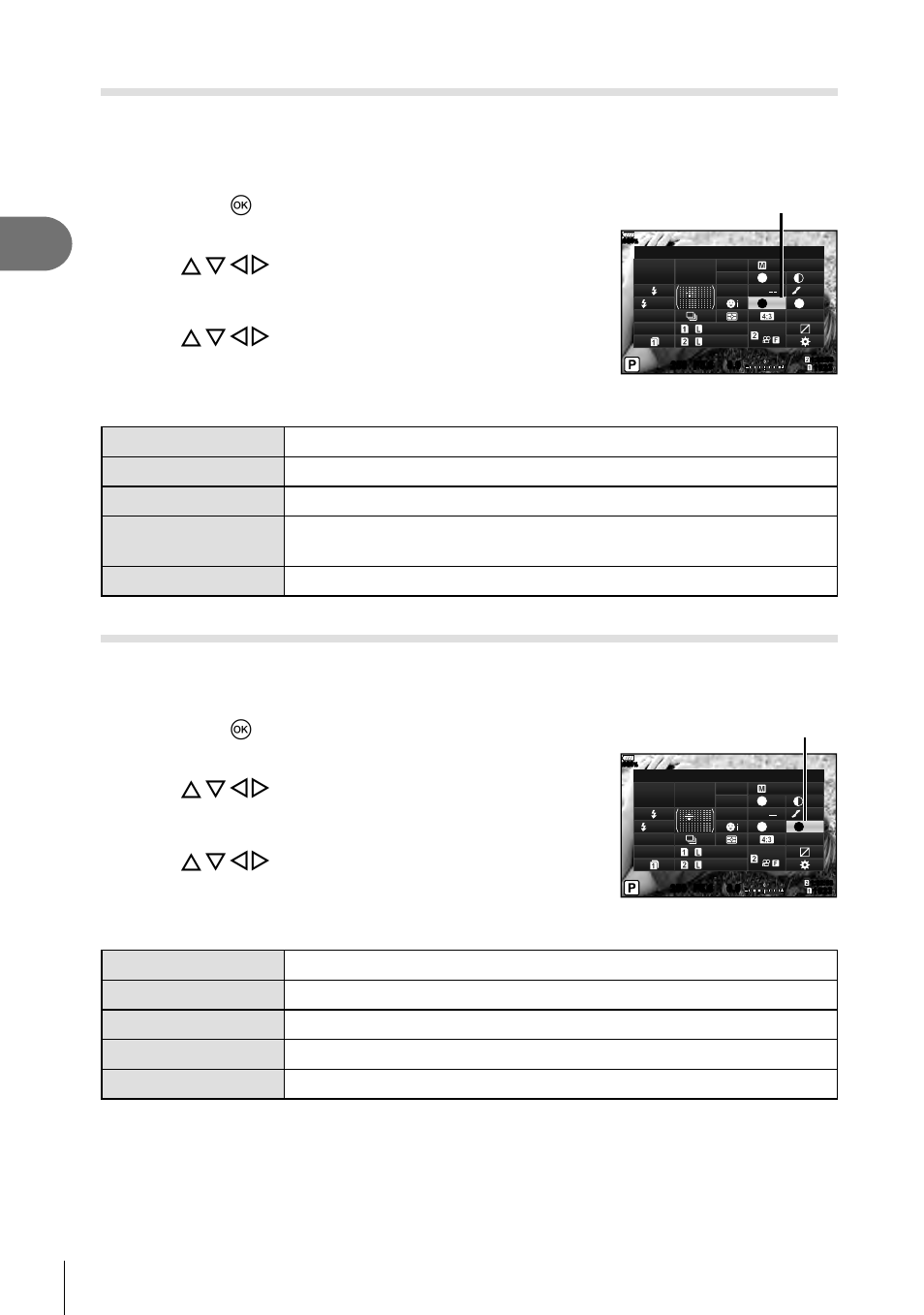 Shooting, 64 en, Use fghi to select [picture mode | Select [monochrome] using the front dial, Use fghi to select [color filter, Select an item using the front dial, Use fghi to select [monochrome color, Use the front dial to select an option | Olympus OM-D E-M1 Mark II User Manual | Page 64 / 196