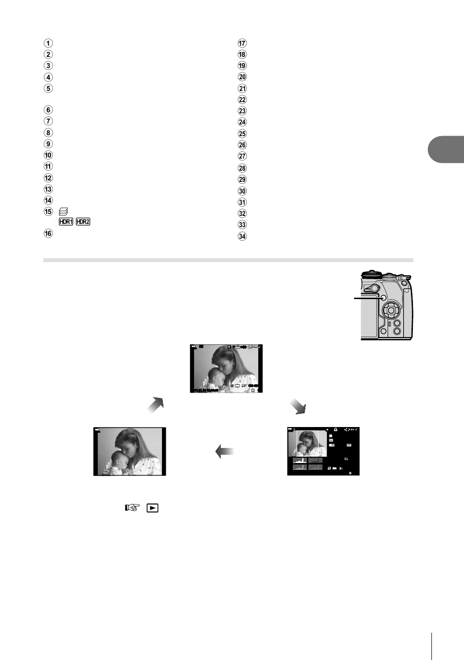 Playback, Switching the information display, 77 en | Info button | Olympus OM-D E-M1 Mark II User Manual | Page 77 / 196