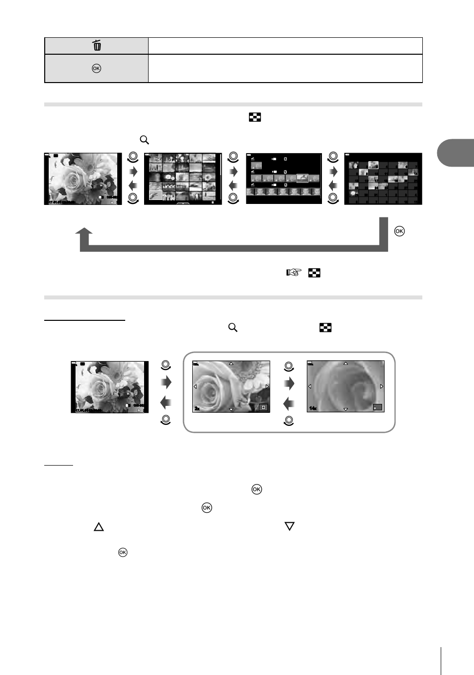 Playback, Index display/ calendar display, Viewing still images | 79 en, Qp p, Play the photograph back and press the q button, Select [rotate] and press the q button, Rotate choose whether to rotate photographs, My clips playback | Olympus OM-D E-M1 Mark II User Manual | Page 79 / 196