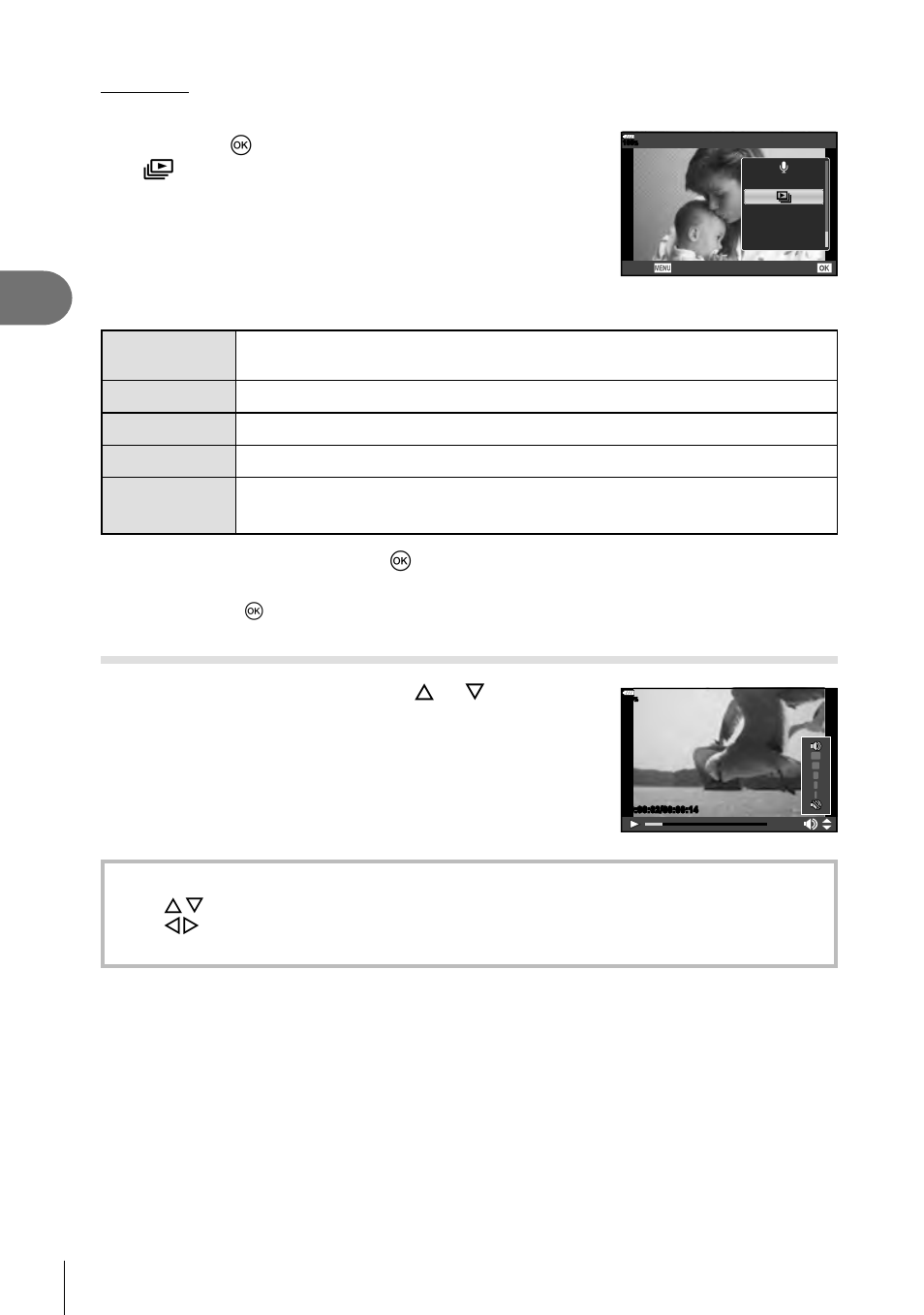 Playback, Volume, 80 en | Press the q button during playback and select [m, Adjust settings, Select [start] and press the q button | Olympus OM-D E-M1 Mark II User Manual | Page 80 / 196