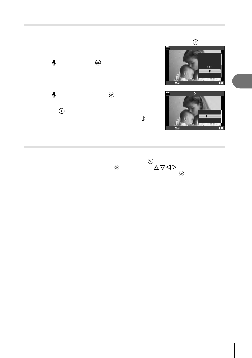 Playback, Audio recording, 83 en | Select [r] and press the q button, Press the q button to end recording | Olympus OM-D E-M1 Mark II User Manual | Page 83 / 196