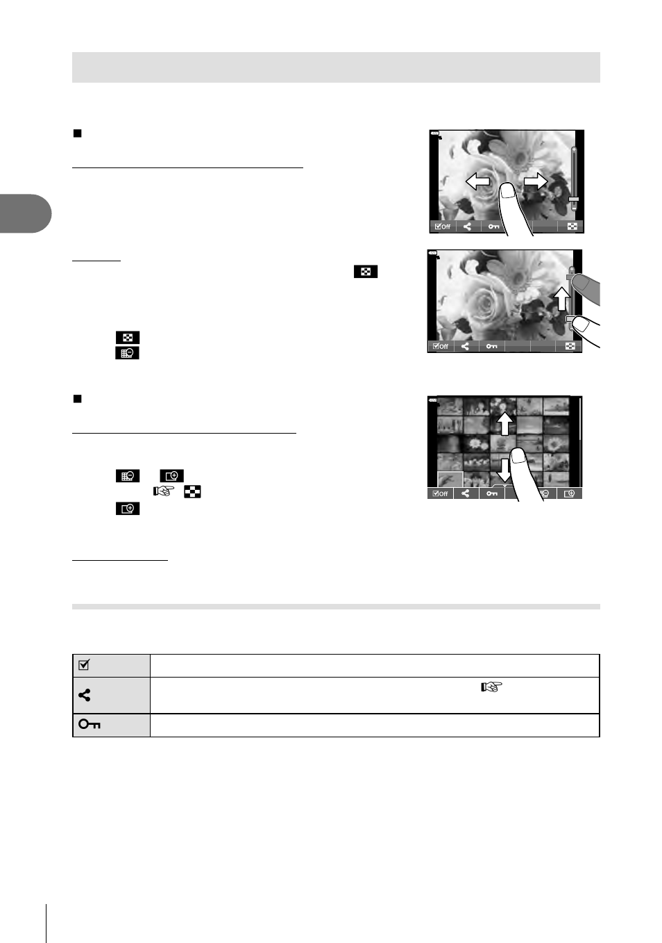 Using the touch screen, Playback, Selecting and protecting images | 84 en | Olympus OM-D E-M1 Mark II User Manual | Page 84 / 196