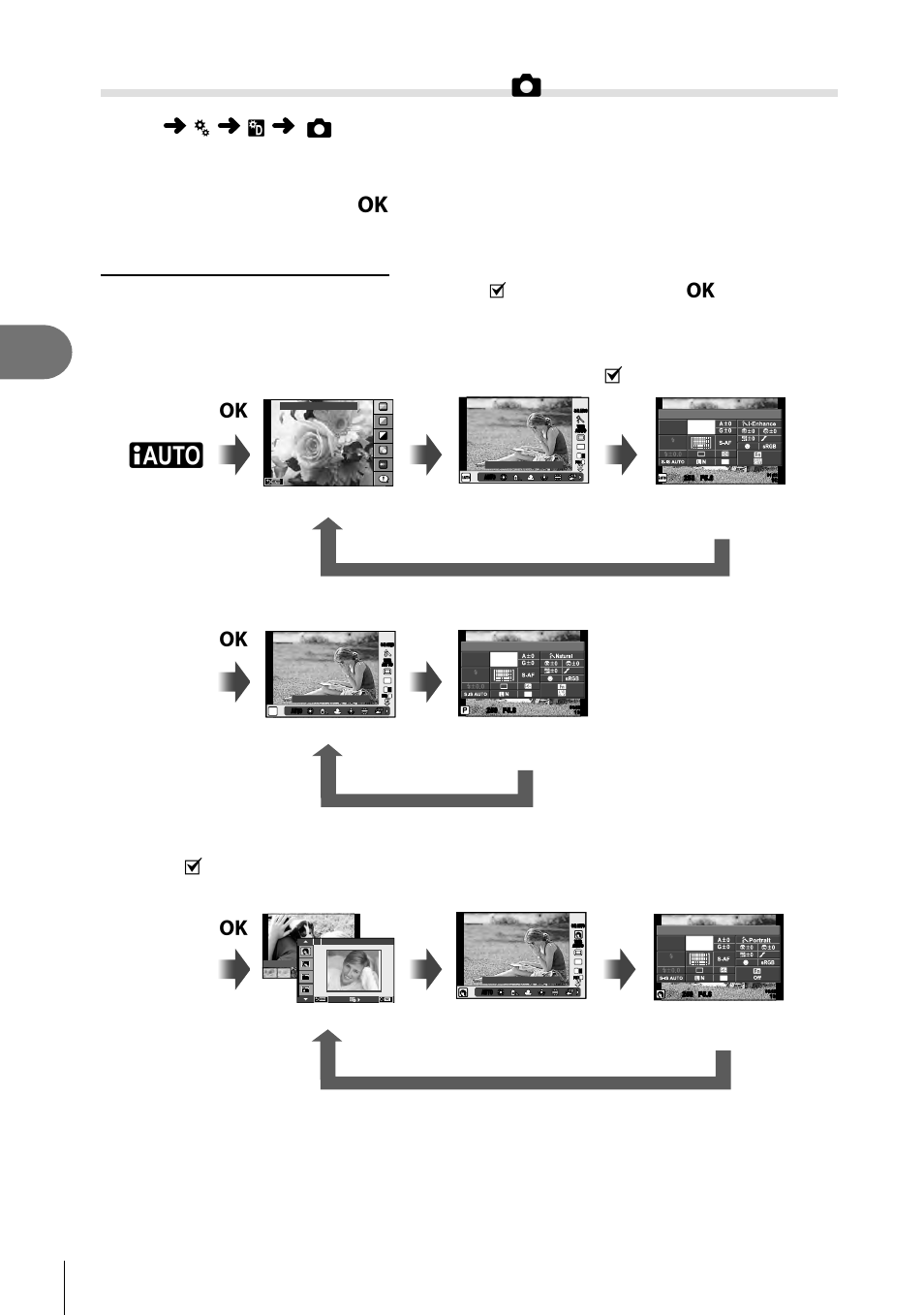 Menu functions (custom menus), 102 en, How to display control panels | P/a/s/m, Art/scn, Info, Lv super control panel (p. 103), Live control, Art fi lter menu, Scene menu | Olympus PEN E-PL8 User Manual | Page 102 / 162