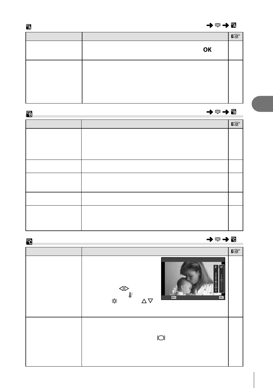B olympus penpal album, C electronic viewfi nder, Menu functions (accessory port menus) | Olympus PEN E-PL8 User Manual | Page 109 / 162