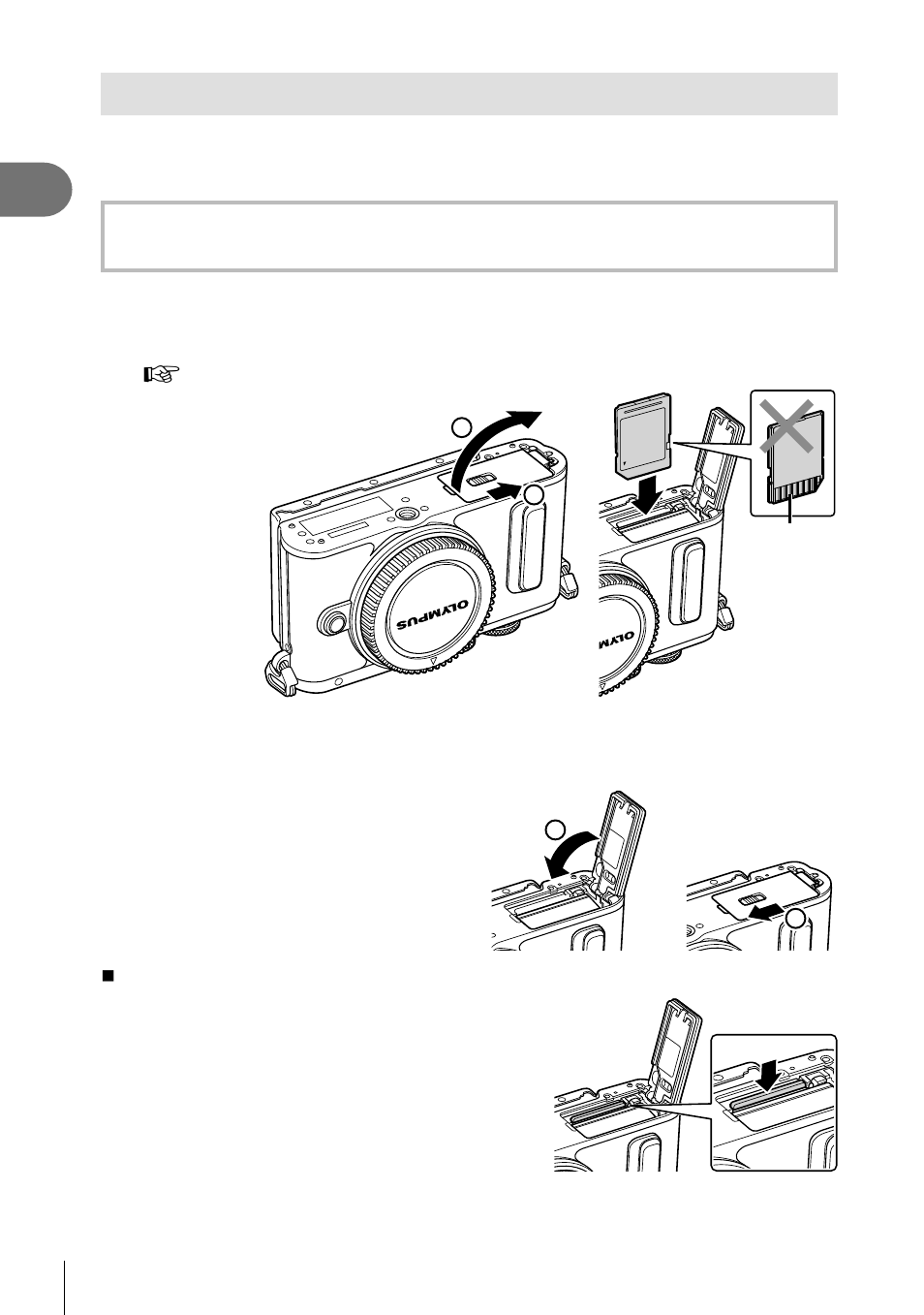 Inserting the card | Olympus PEN E-PL8 User Manual | Page 14 / 162