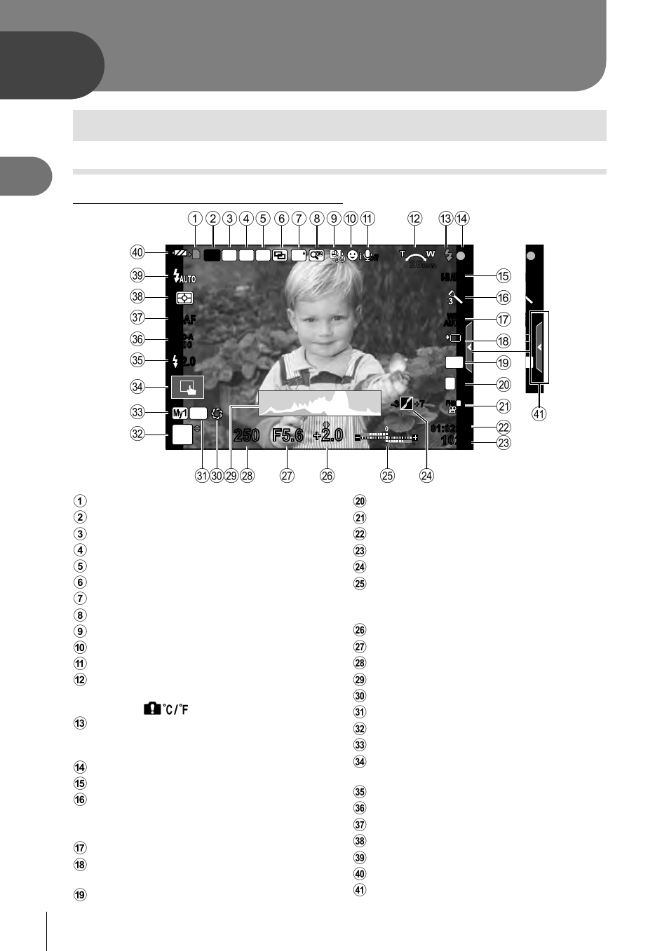 Shooting, Information displays while shooting, Monitor display when shooting | Olympus PEN E-PL8 User Manual | Page 18 / 162