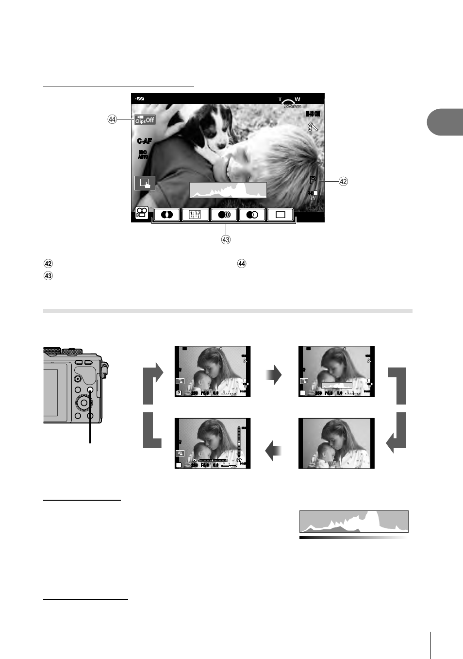 Shooting, Switching the information display, 19 en | Gf n, Monitor display during movie mode, Info button, Level gauge display, Information display on histogram display, Image only, More less dark bright | Olympus PEN E-PL8 User Manual | Page 19 / 162