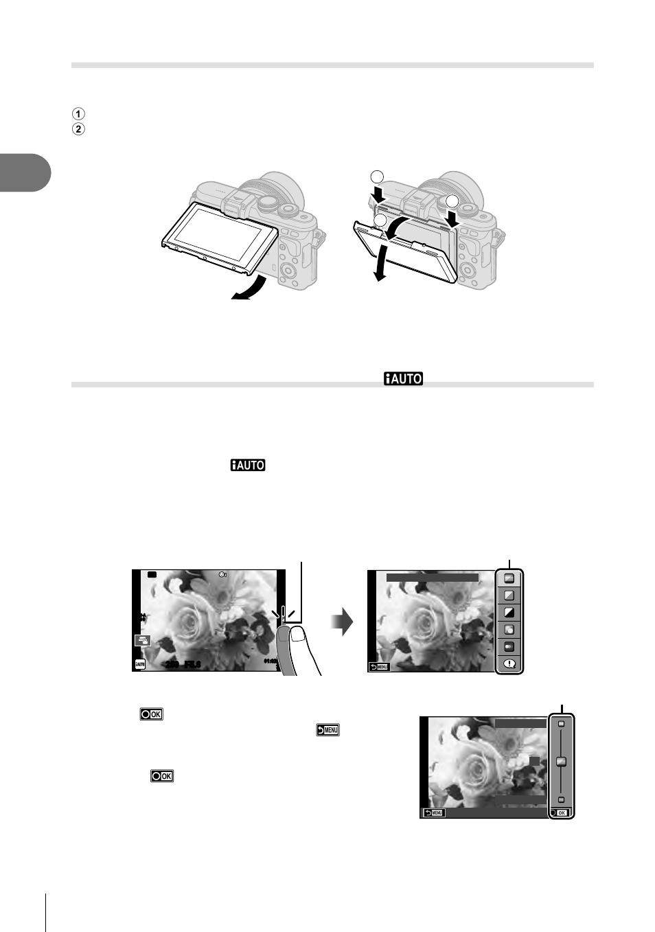 Shooting, Taking high angle and low angle shots, Letting the camera choose the settings ( a ) | 22 en, Set the mode dial to a, Shoot, Use your fi nger to position the sliders | Olympus PEN E-PL8 User Manual | Page 22 / 162