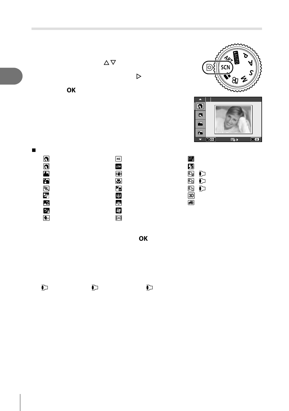 Shooting, Shooting in scene mode ( scn) | Olympus PEN E-PL8 User Manual | Page 24 / 162
