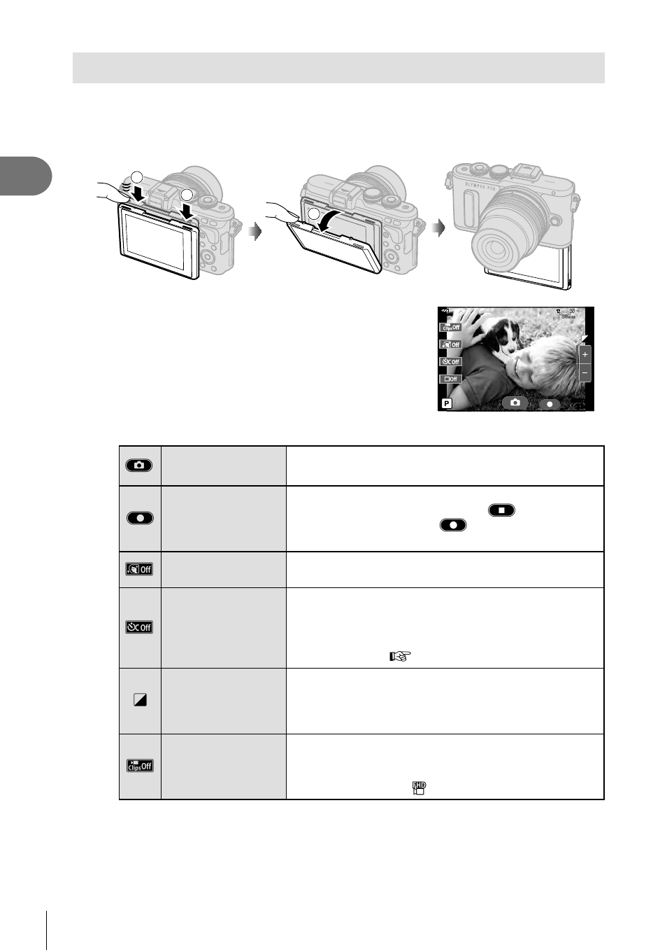 Self-portraits, Shooting, Frame the shot | Olympus PEN E-PL8 User Manual | Page 42 / 162