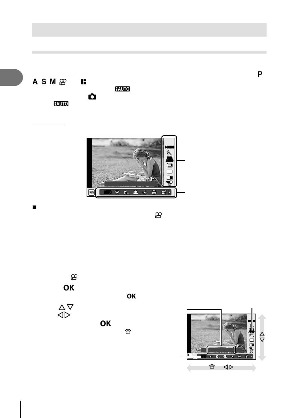 Using shooting options, Shooting, Calling shooting options | Press z to display the live control, 44 en, Available settings, Live control, Settings functions live control screen | Olympus PEN E-PL8 User Manual | Page 44 / 162