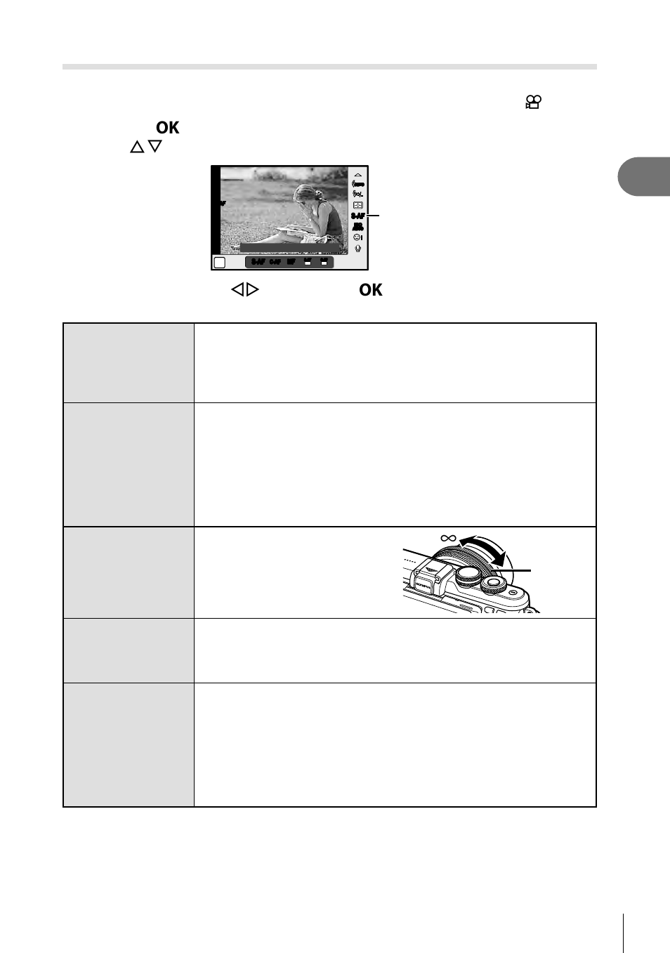 Shooting, Choosing a focus mode (af mode), 49 en | Select an option with hi and press the z button, Af mode, Near ) focus ring | Olympus PEN E-PL8 User Manual | Page 49 / 162