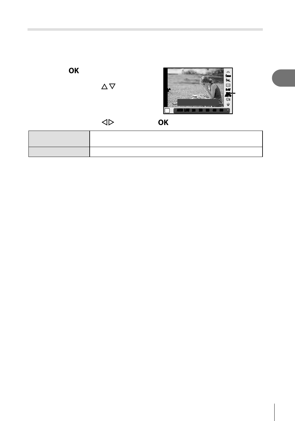 Shooting, Iso sensitivity, 51 en | Select an option with hi and press the z button | Olympus PEN E-PL8 User Manual | Page 51 / 162