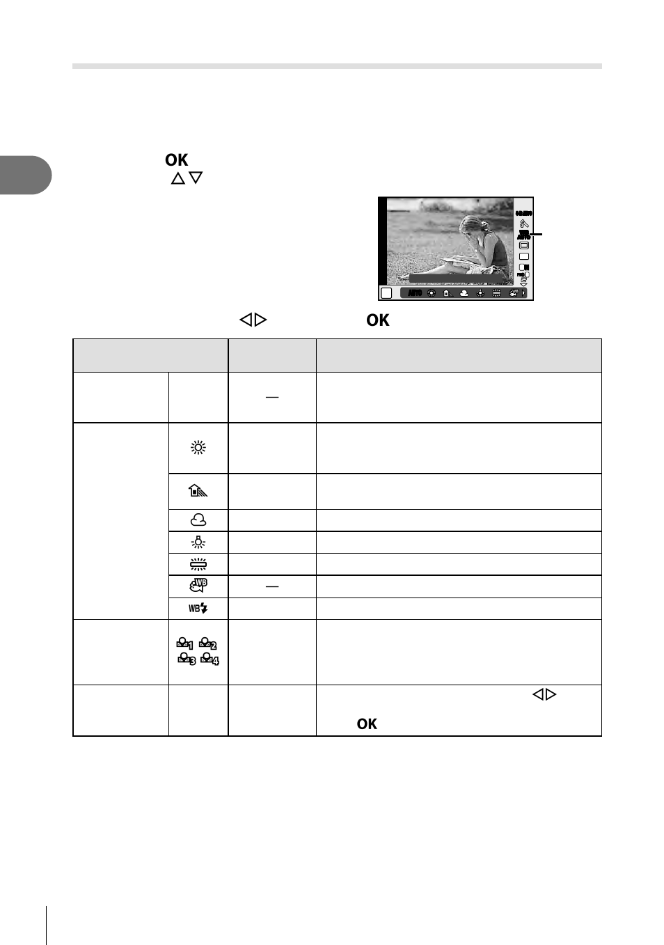 Shooting, Adjusting color (white balance), 52 en | Select an option with hi and press the z button | Olympus PEN E-PL8 User Manual | Page 52 / 162