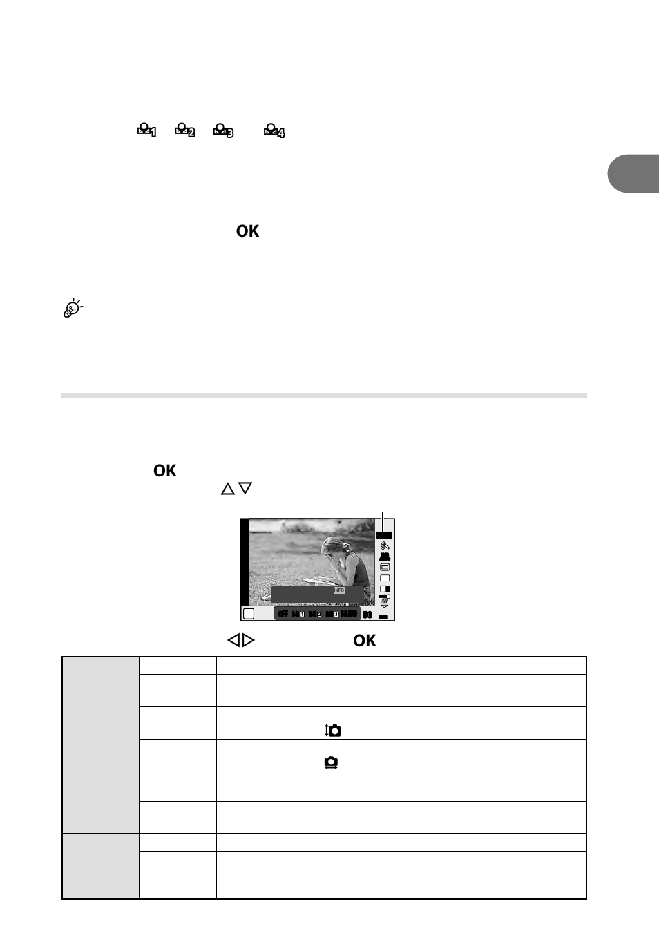 Shooting, Reducing camera shake (image stabilizer), 53 en | Select [yes] and press z, Select an option with hi and press the z button, Tips | Olympus PEN E-PL8 User Manual | Page 53 / 162