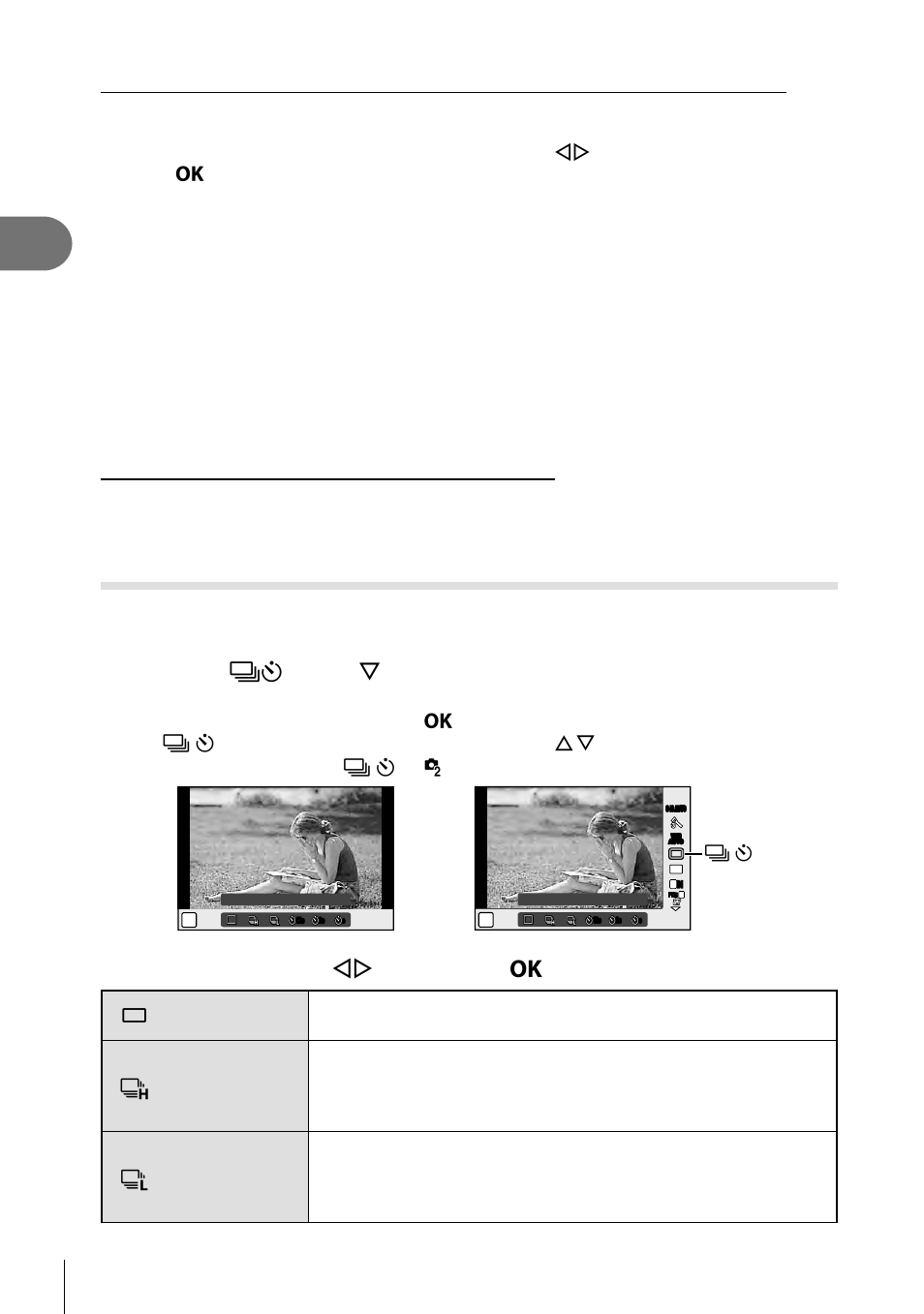 Shooting, Sequential shooting/using the self timer, 54 en | Select an option with hi and press the z button | Olympus PEN E-PL8 User Manual | Page 54 / 162