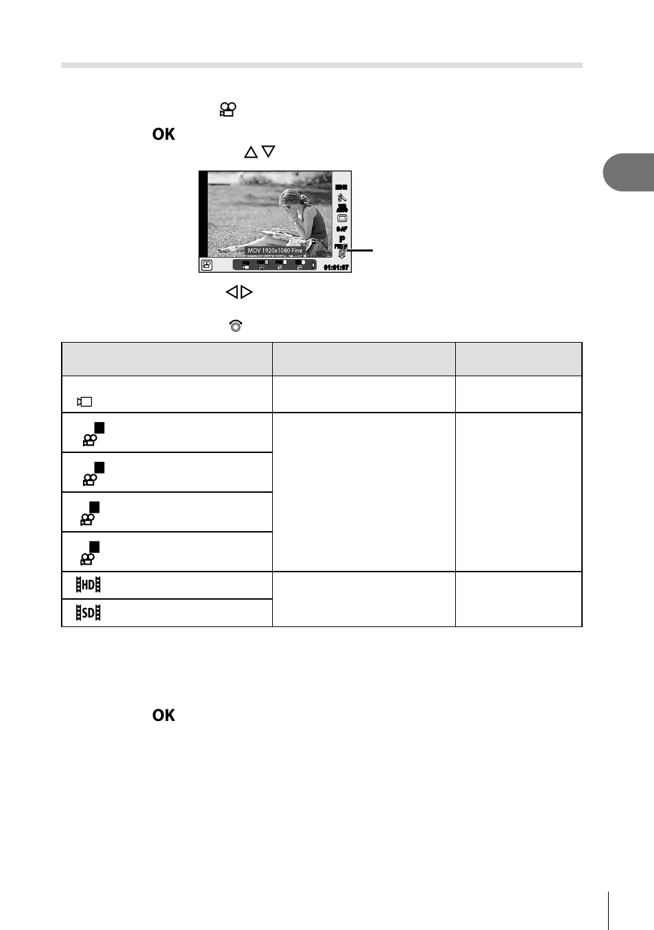 Shooting, Selecting image quality (movie image quality mode), 57 en | Set the mode dial to n, Select an option with hi, Press the z button to save changes | Olympus PEN E-PL8 User Manual | Page 57 / 162