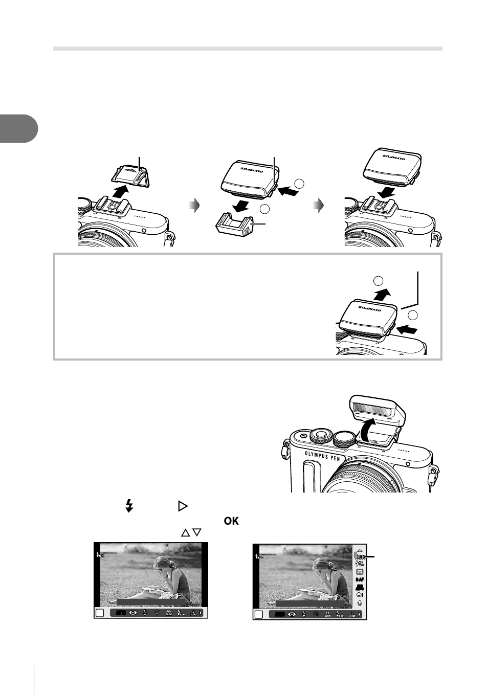 Shooting, Using a fl ash (fl ash photography), Raise the fl ash head | 58 en, Removing the fl ash unit | Olympus PEN E-PL8 User Manual | Page 58 / 162