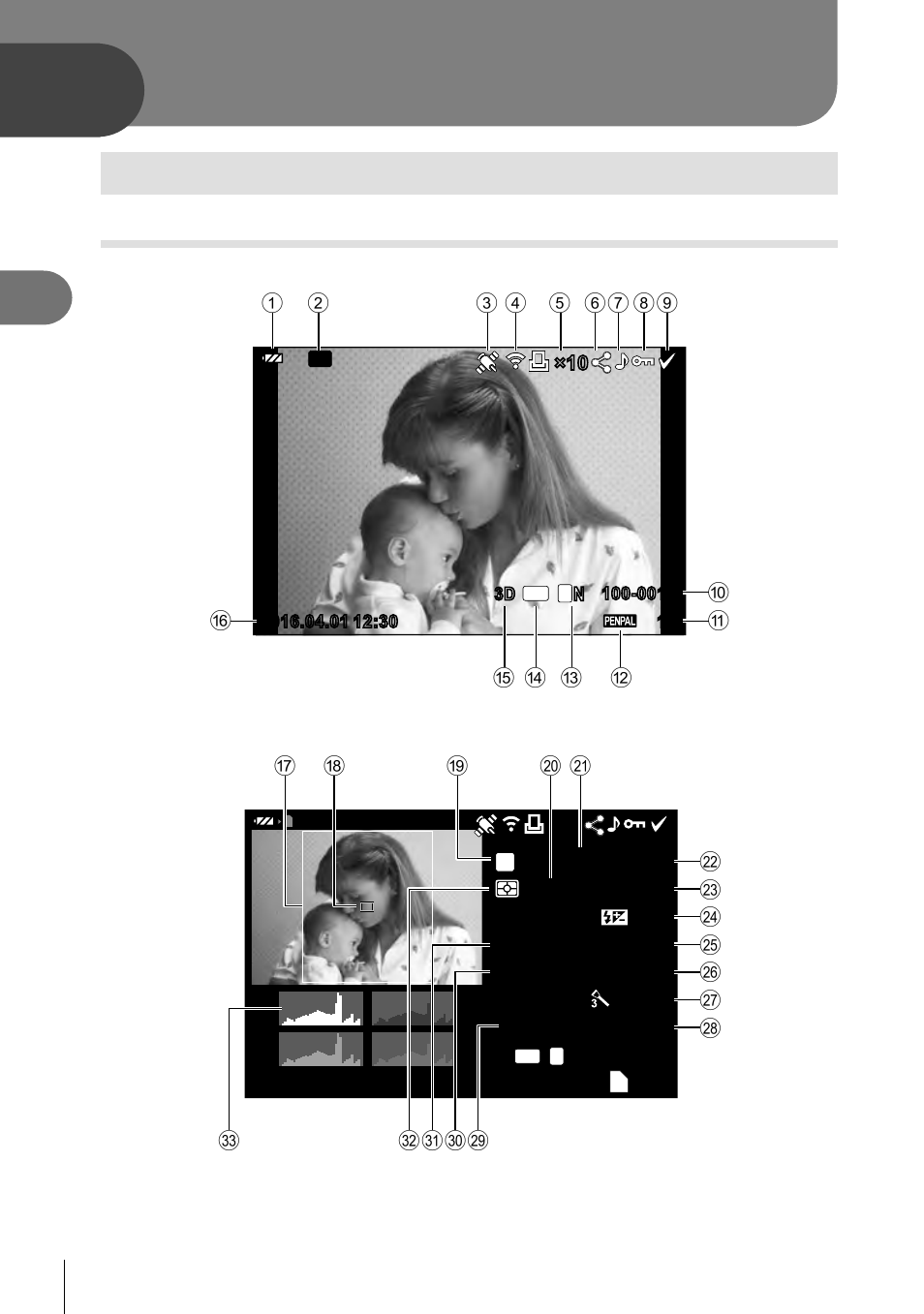 Playback, Information display during playback | Olympus PEN E-PL8 User Manual | Page 64 / 162