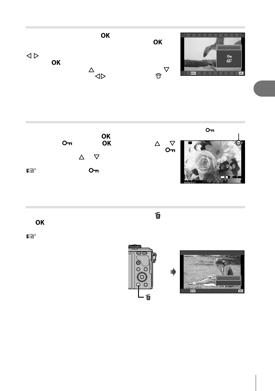 Playback, Watching movies, Protecting images | Erasing images, 69 en | Olympus PEN E-PL8 User Manual | Page 69 / 162