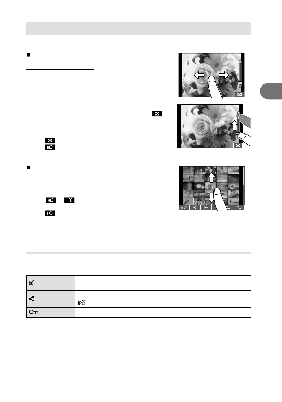 Using the touch screen, Playback, Selecting and protecting images | Olympus PEN E-PL8 User Manual | Page 71 / 162