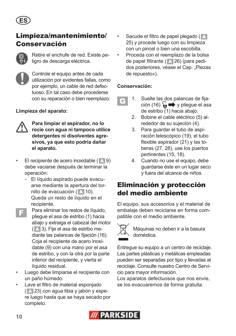 Limpieza/mantenimiento/ conservación, Eliminación y protección del medio ambiente | Parkside PNTS 1400 B1 User Manual | Page 10 / 50