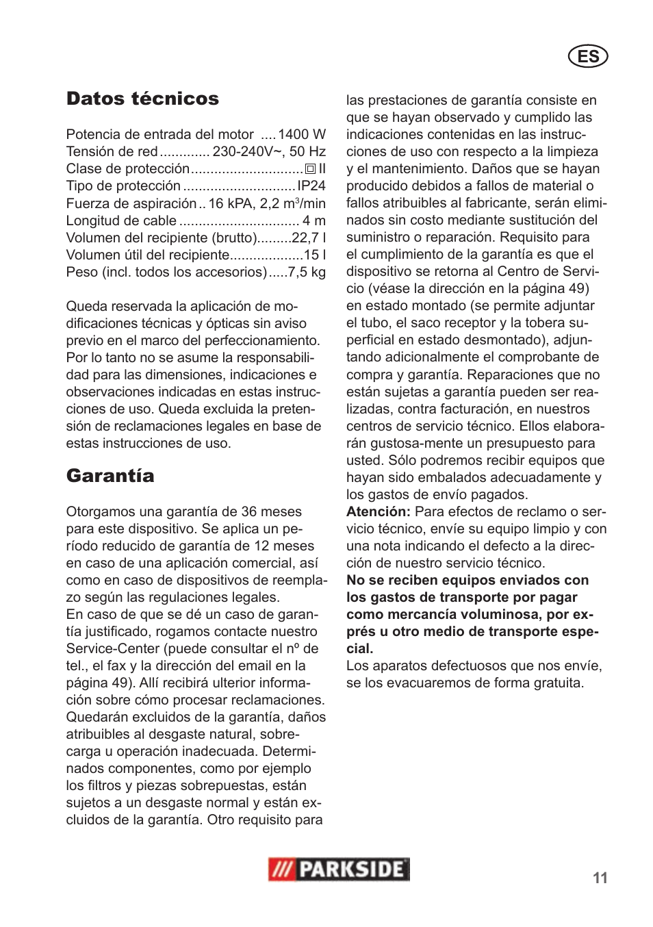 Datos técnicos, Garantía | Parkside PNTS 1400 B1 User Manual | Page 11 / 50
