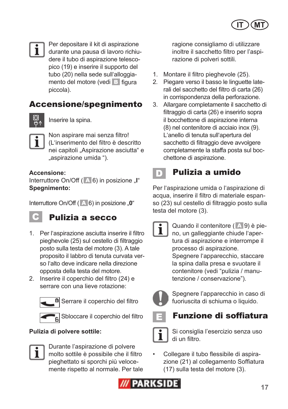 Accensione/spegnimento, Pulizia a secco, Pulizia a umido | Funzione di soffiatura, It mt | Parkside PNTS 1400 B1 User Manual | Page 17 / 50
