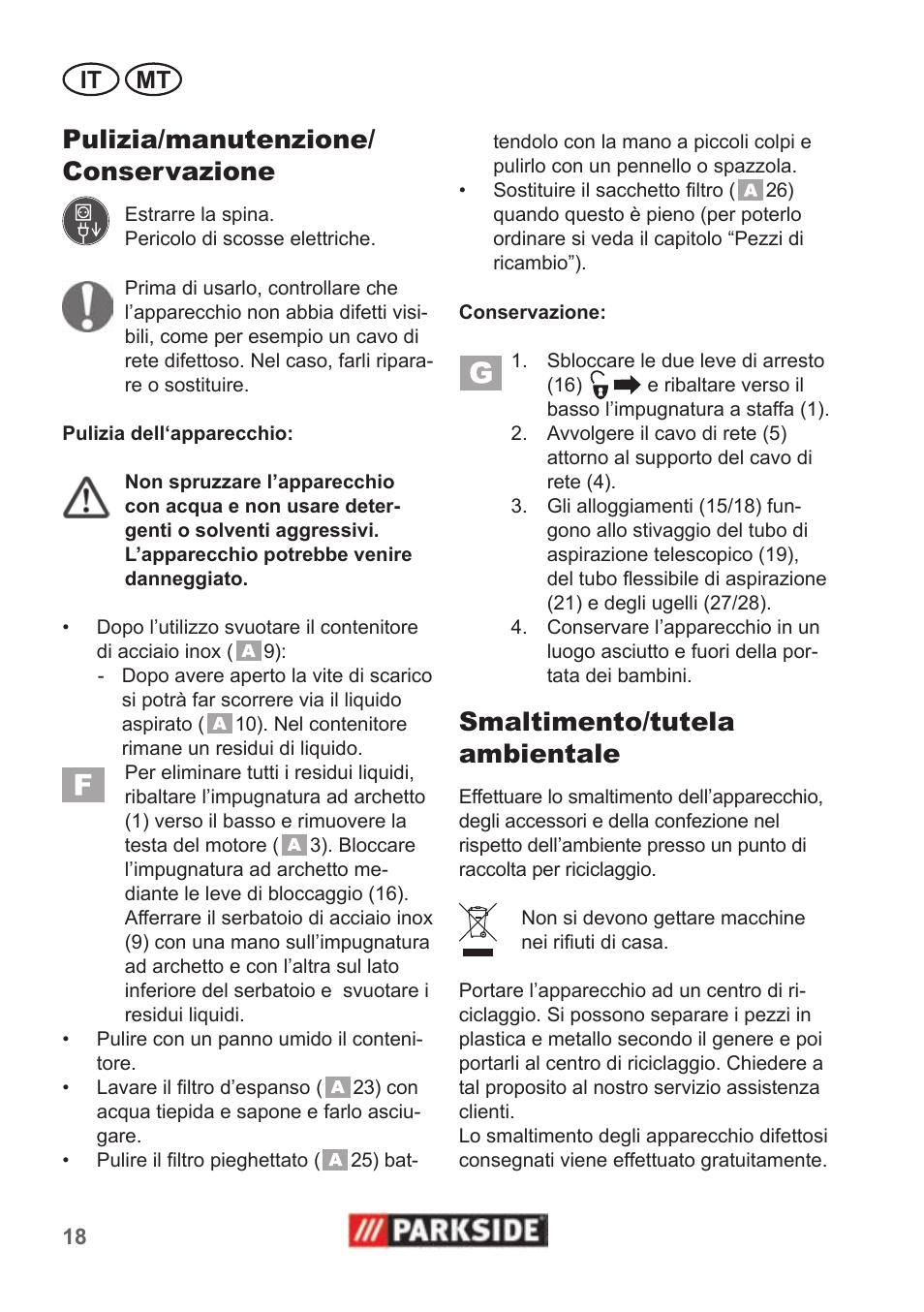 Pulizia/manutenzione/ conservazione, Smaltimento/tutela ambientale, It mt | Parkside PNTS 1400 B1 User Manual | Page 18 / 50