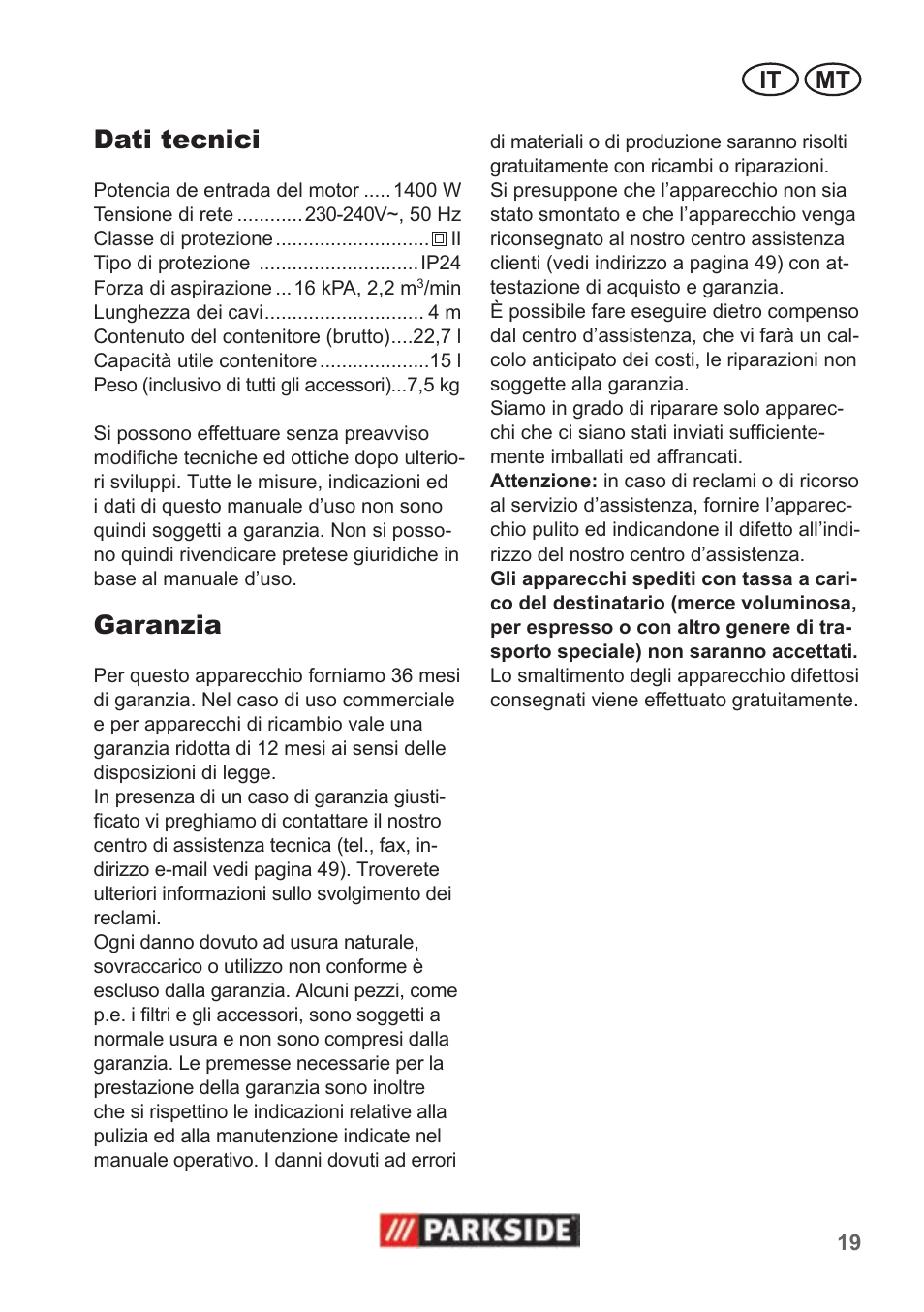 Dati tecnici, Garanzia, It mt | Parkside PNTS 1400 B1 User Manual | Page 19 / 50
