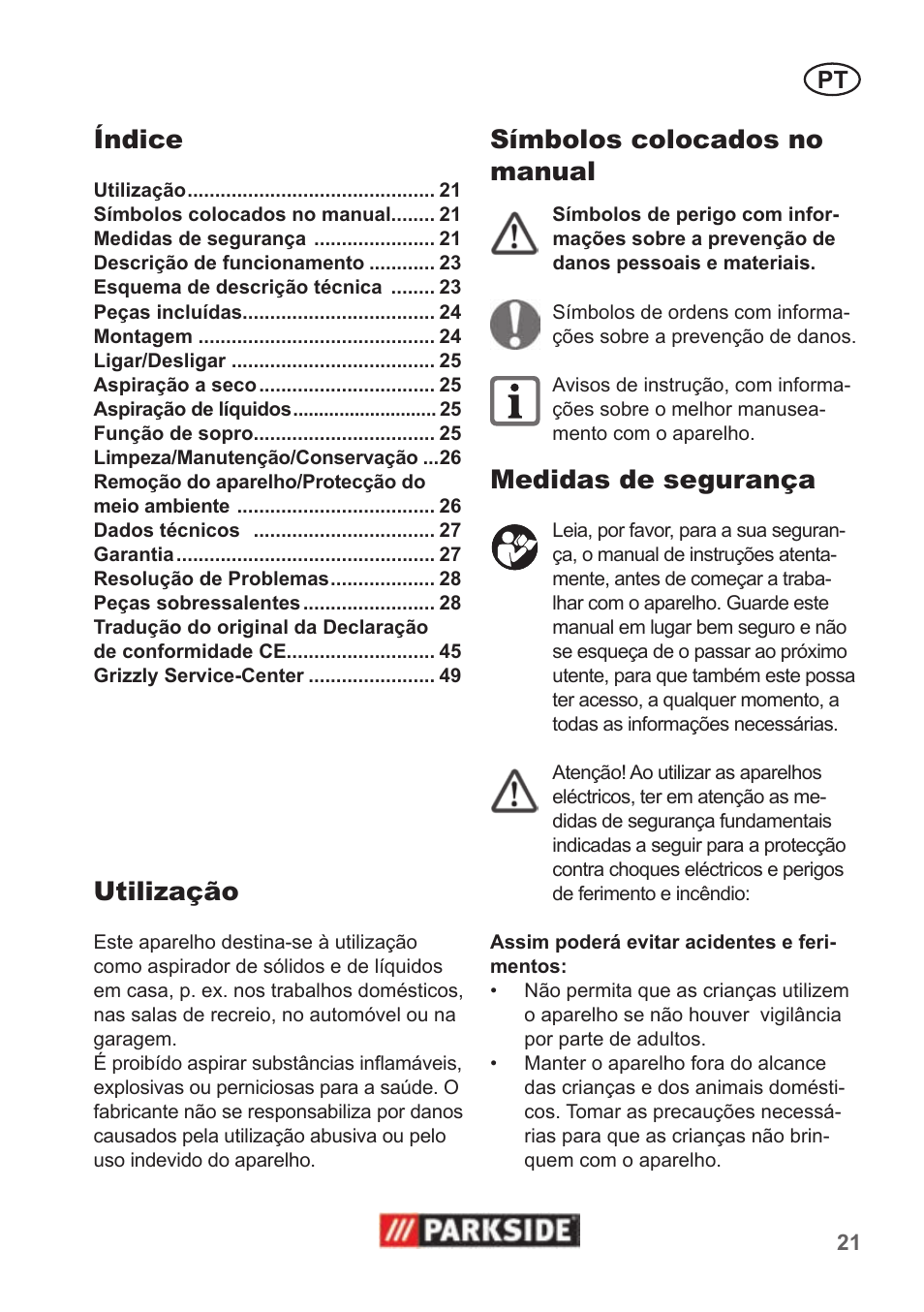 Índice, Utilização, Símbolos colocados no manual | Medidas de segurança | Parkside PNTS 1400 B1 User Manual | Page 21 / 50