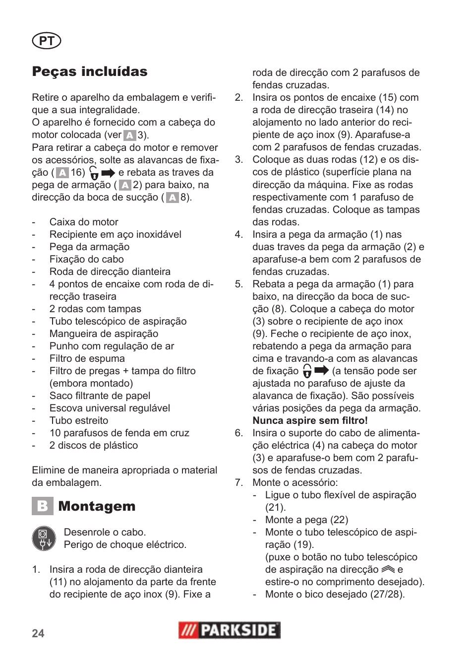 Peças incluídas, Montagem | Parkside PNTS 1400 B1 User Manual | Page 24 / 50