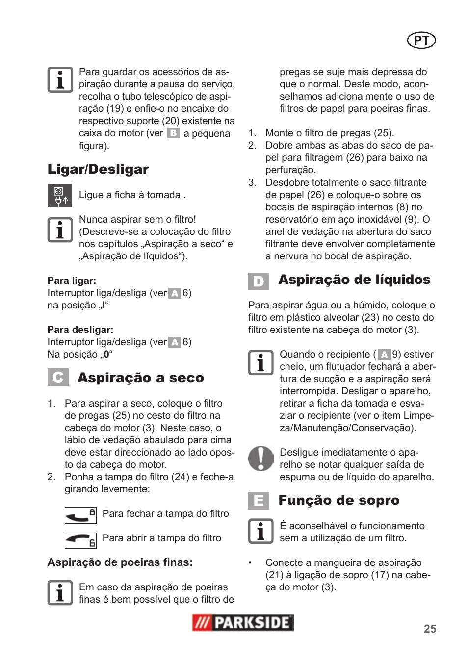 Ligar/desligar, Aspiração a seco, Aspiração de líquidos | Função de sopro | Parkside PNTS 1400 B1 User Manual | Page 25 / 50